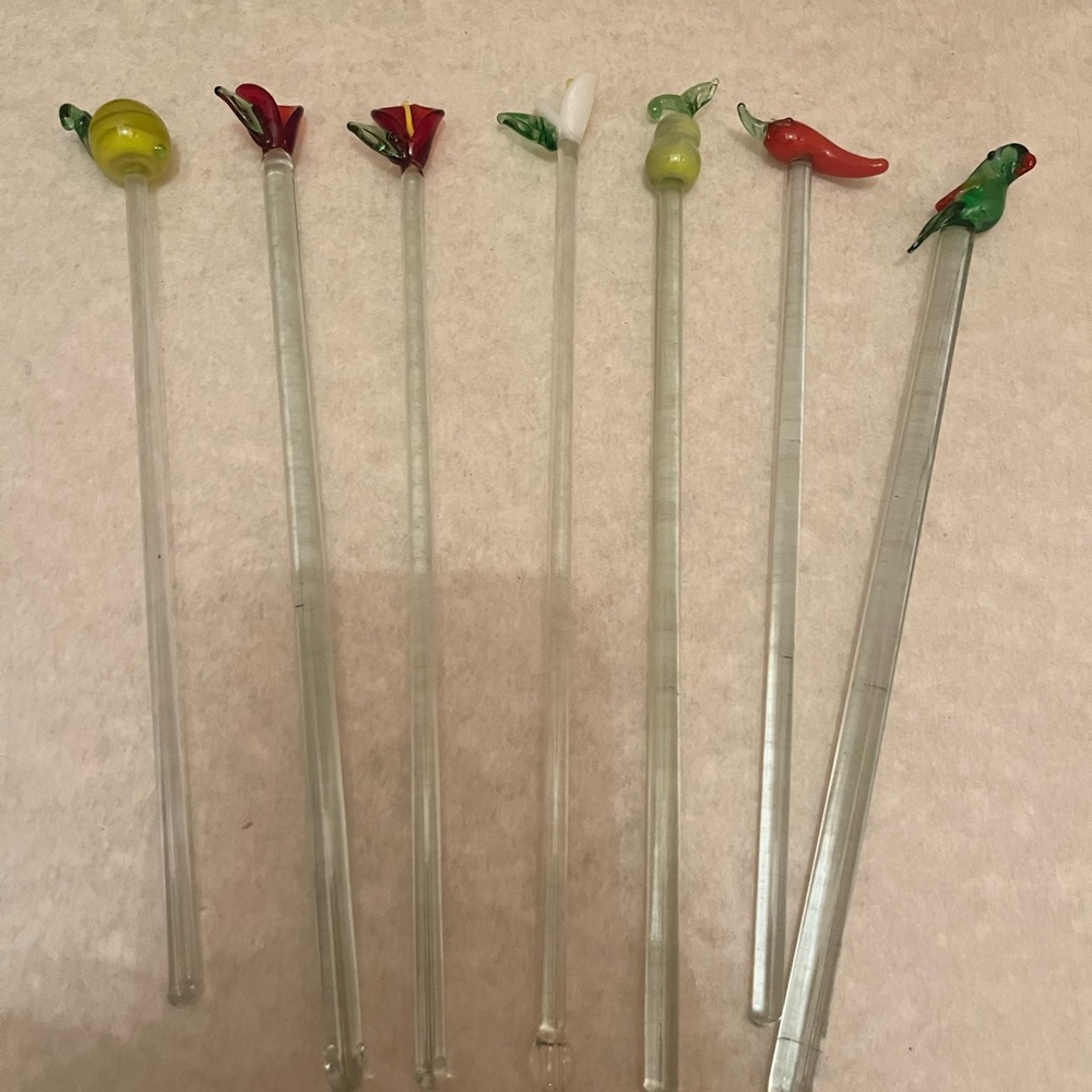 7  vintage Hand Blown Glass Swizzle Sticks Cocktail stirrers.